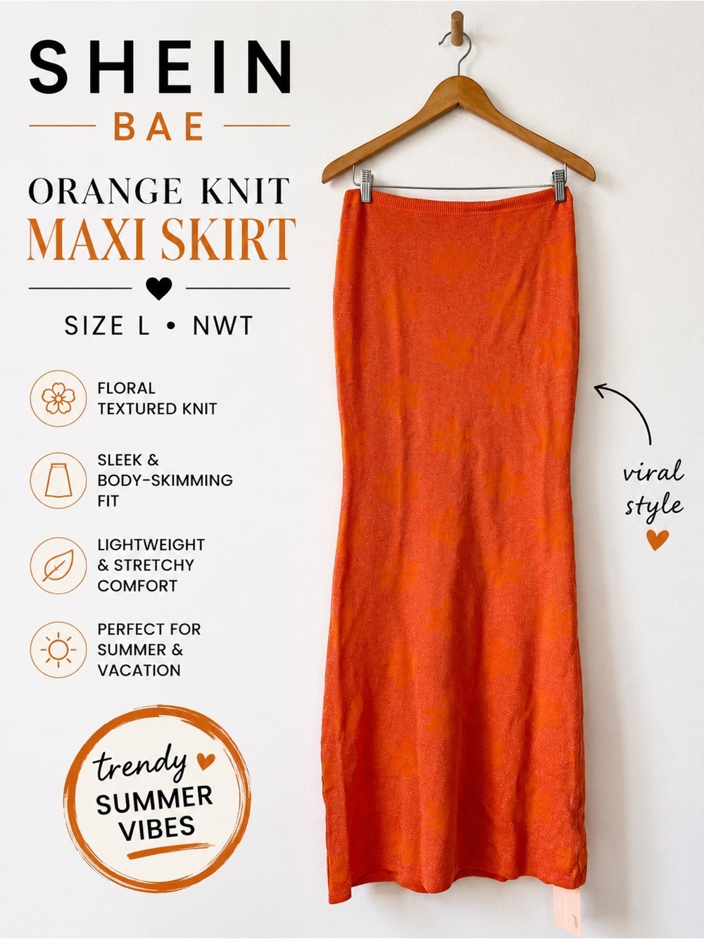 SHEIN BAE Orange Knit Maxi Skirt Floral Textured Size L NWT